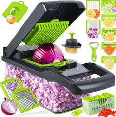 16-in-1 Multifunctional Vegetable Chopper & Slicer with Colander Basket & Storage Container