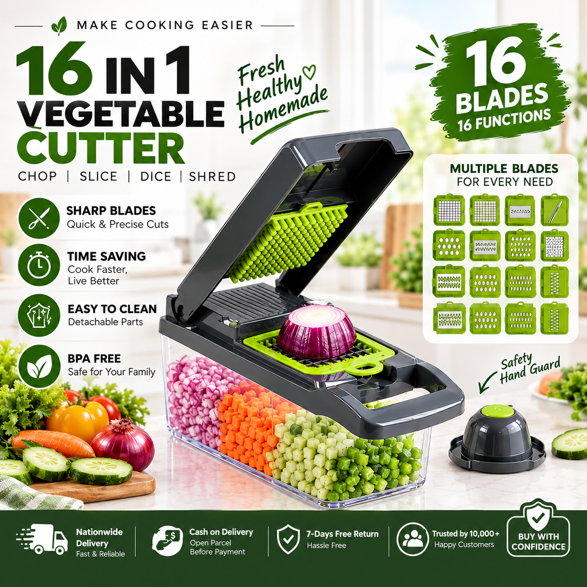 16-in-1 Multifunctional Vegetable Chopper & Slicer with Colander Basket & Storage Container